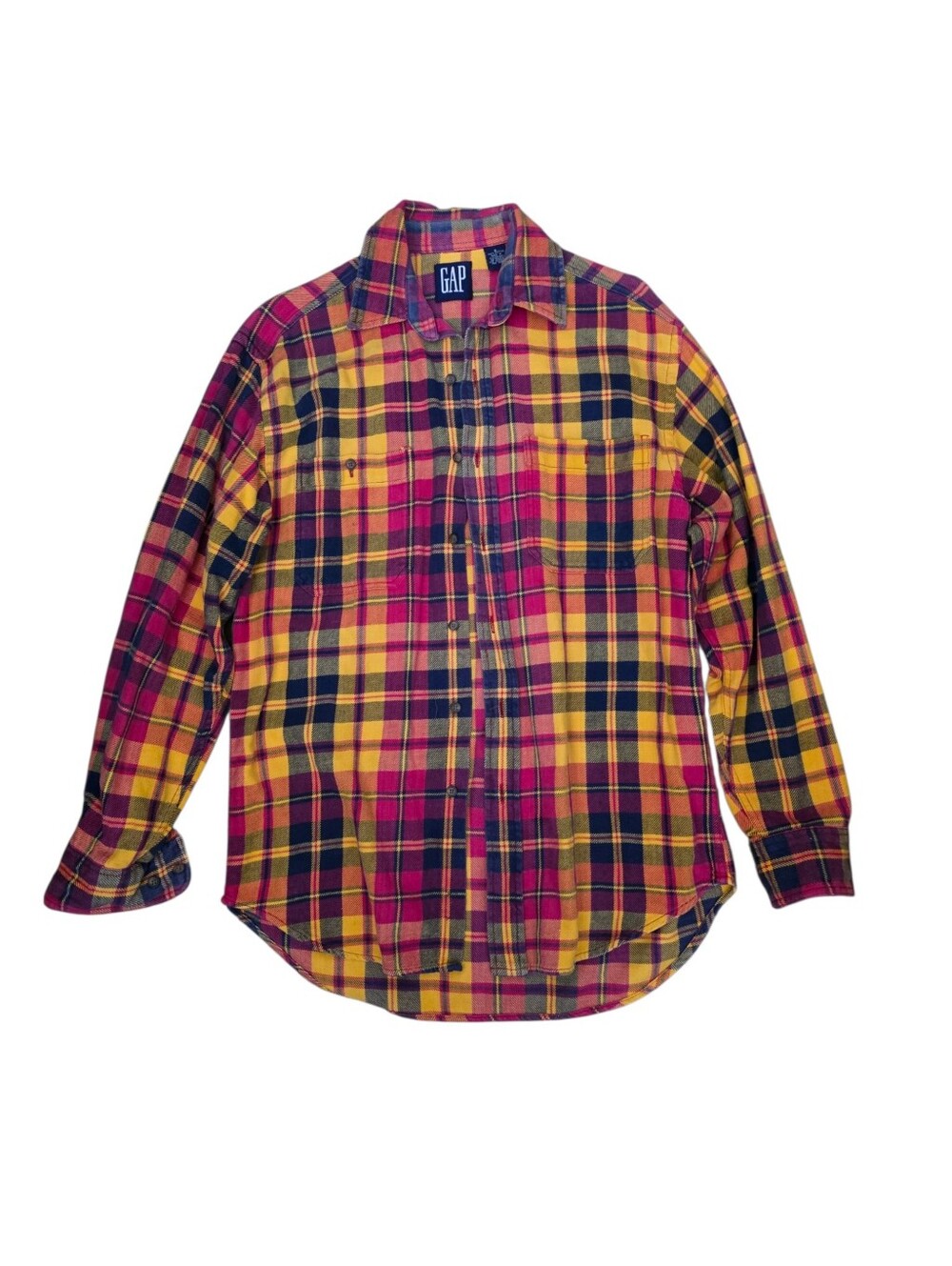 GAP Vintage FLANNEL MENS SMALL 90'S Yellow and Pink Plaid heavy 100% Cotton